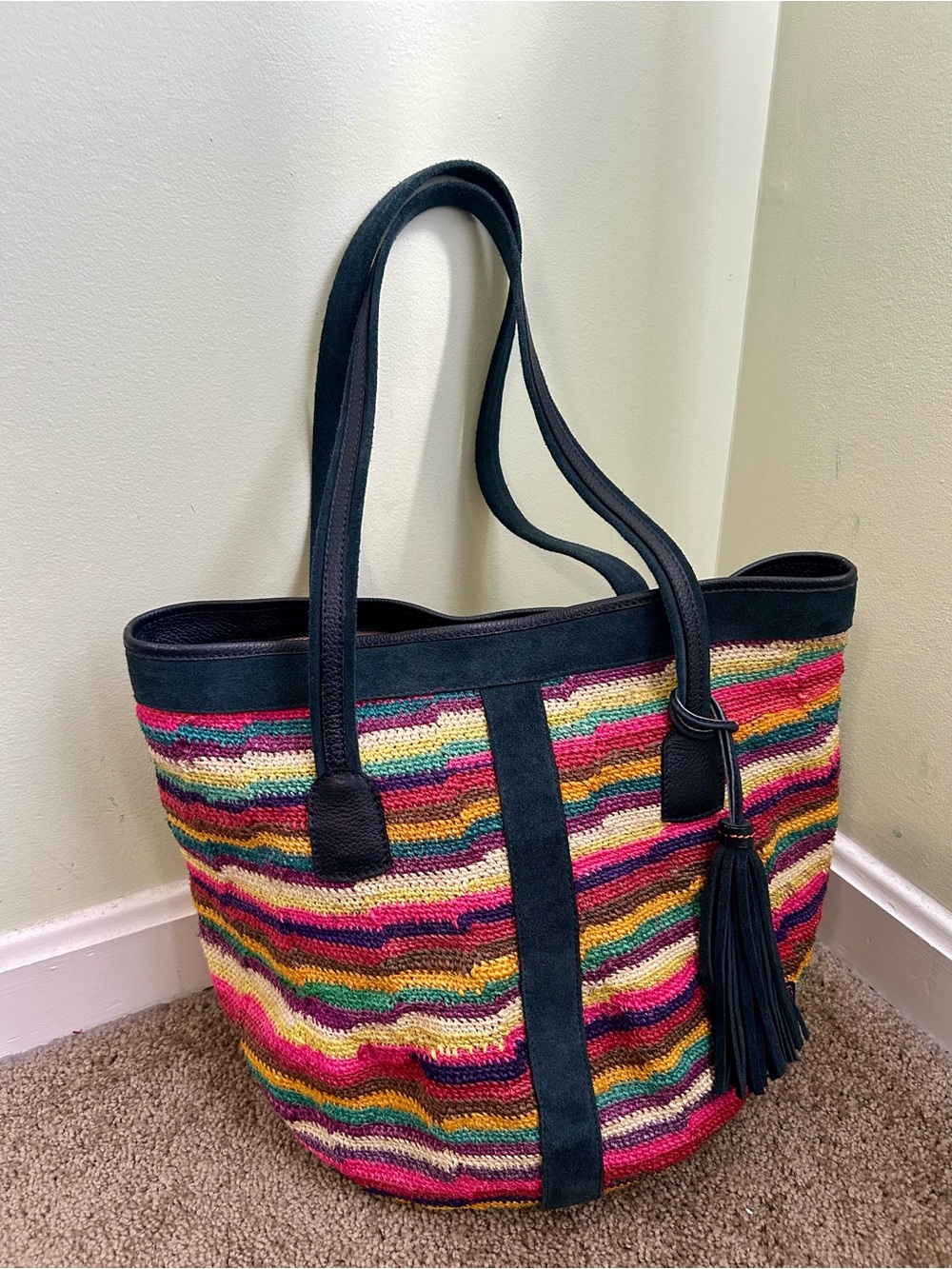 Multi Color Straw and Leather Tote Shoulder Bag